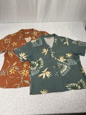 Lot Of 2 Womens Sz M Tommy Bahama Hawaiian Shirts Orange Green Floral 100% Silk
